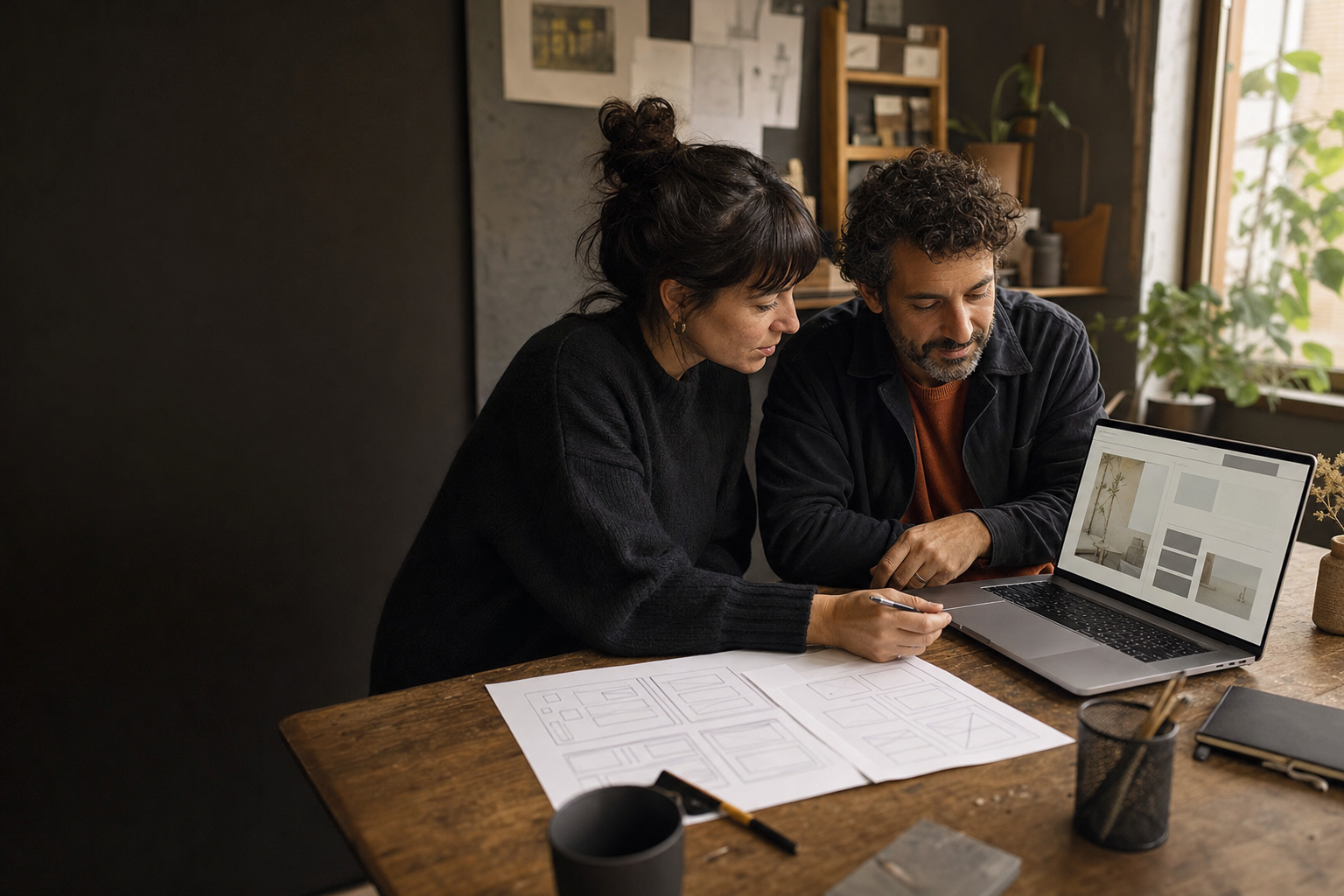 Una web designer e un imprenditore studiano insieme wireframe e prototipo del nuovo sito